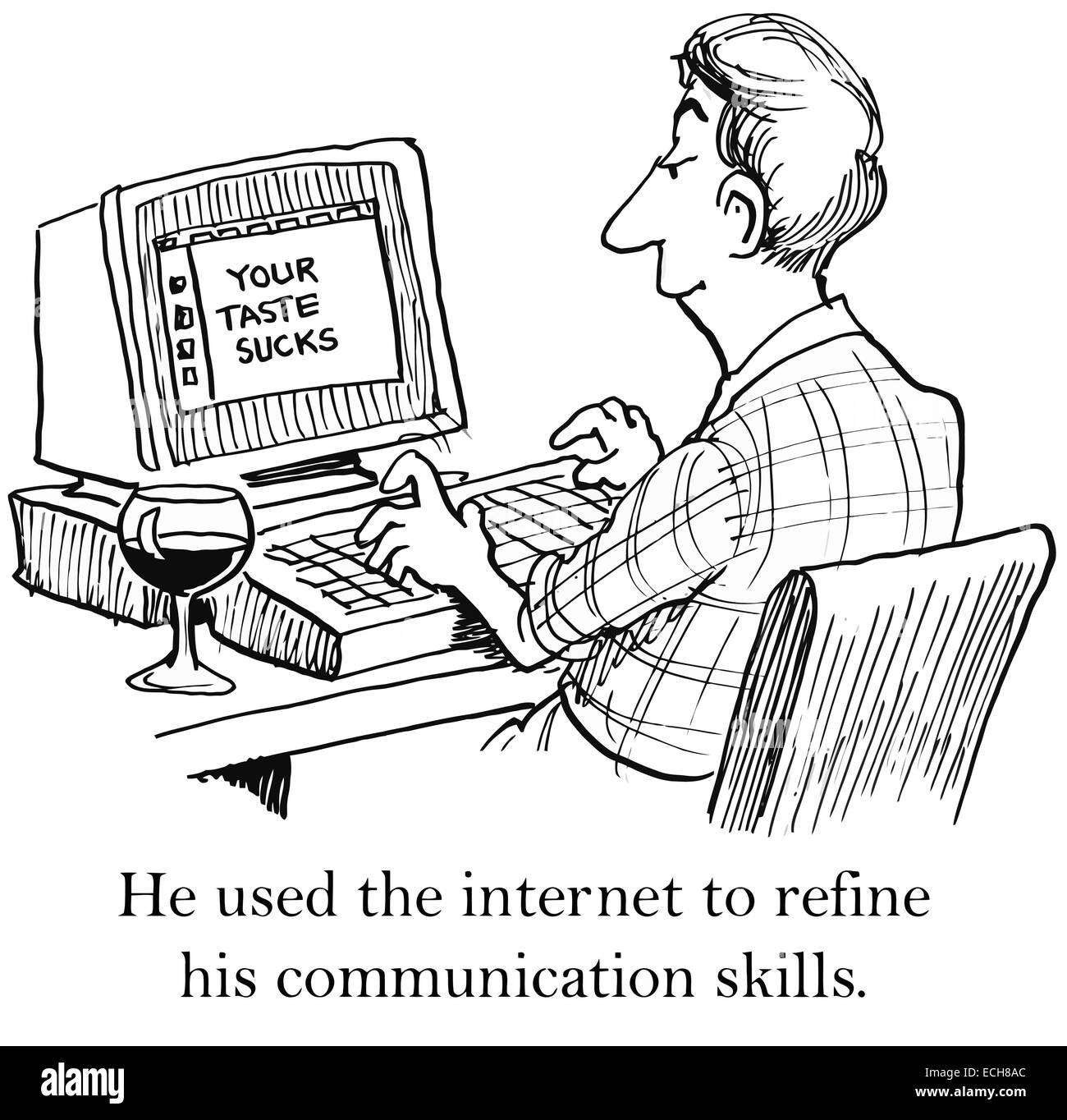 Il a utilisé l'internet pour affiner ses compétences en communication. Illustration de Vecteur