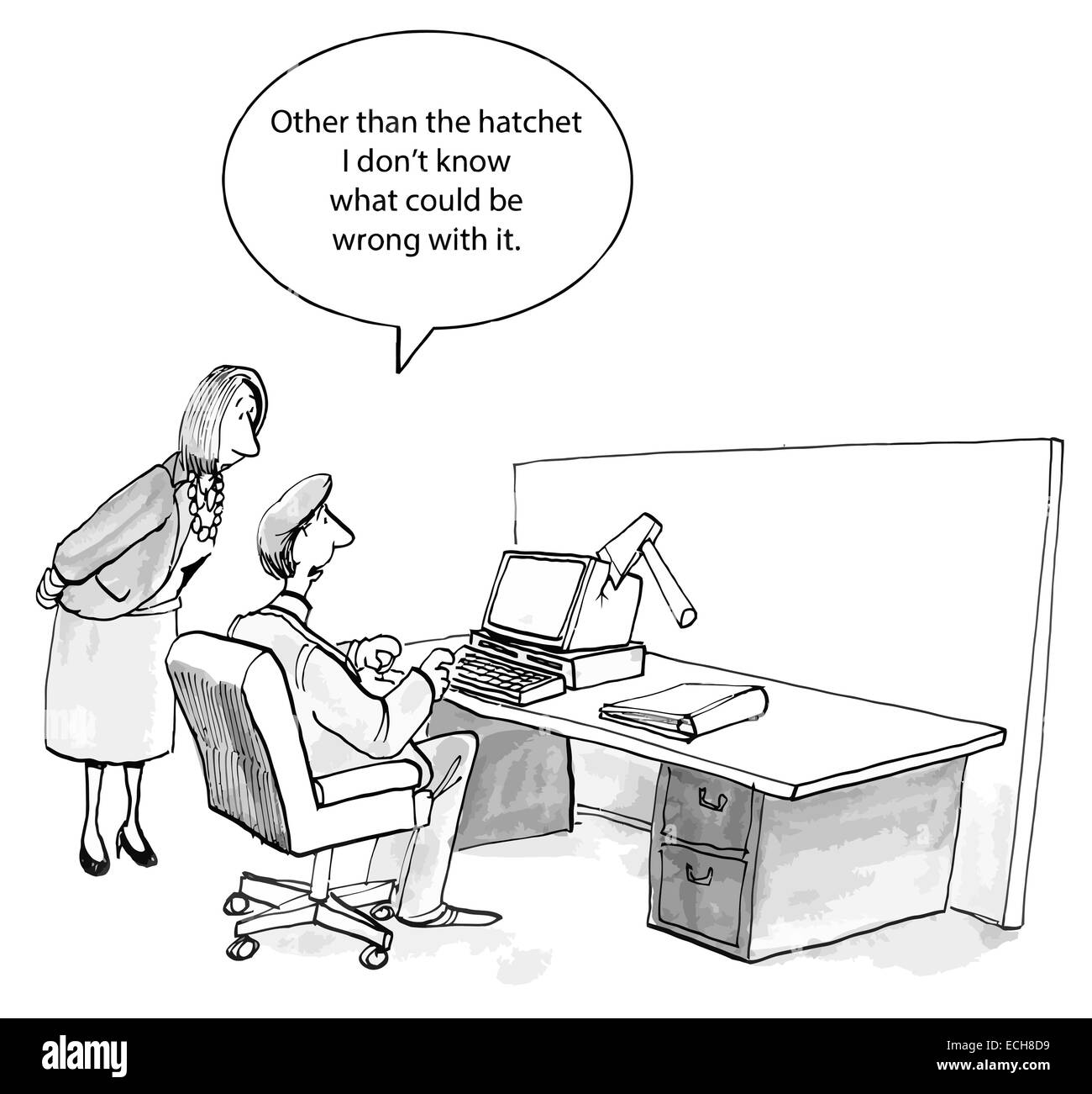 La femme ne sait pas pourquoi l'ordinateur ne fonctionne pas, autres que la hache de guerre. Illustration de Vecteur