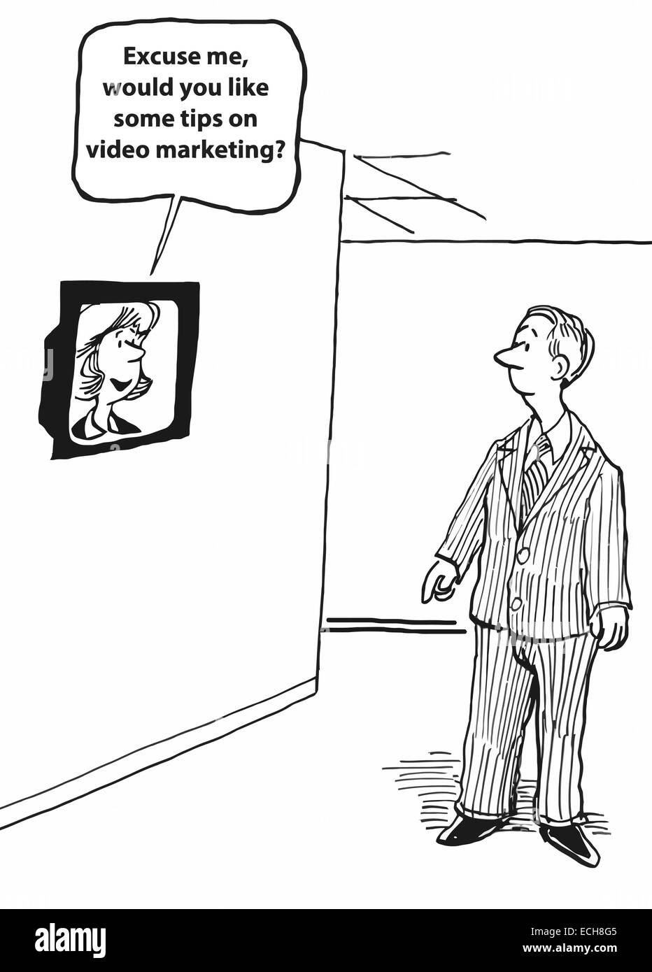 Spécialiste des médias sociaux demande à l'homme d'affaires s'il voudrait quelques conseils sur le très populaire sur les médias sociaux sous forme de vidéo marketin Illustration de Vecteur