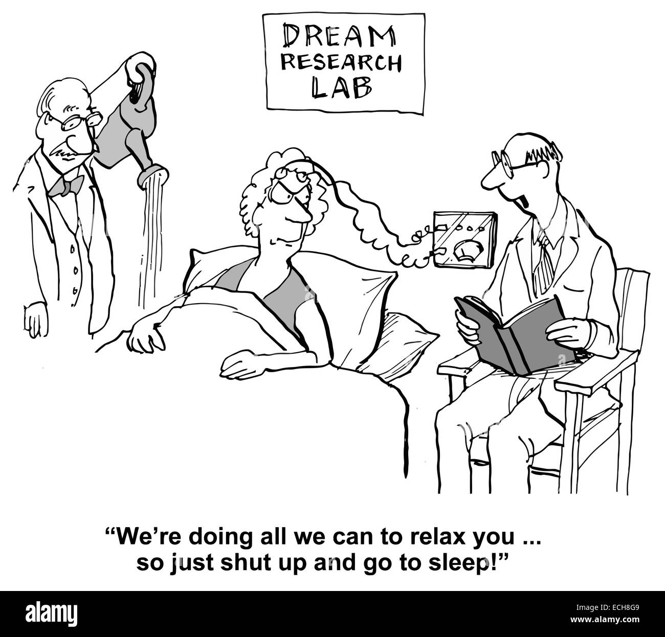 Laboratoire de recherche de rêve a besoin de la femme pour se détendre et dormir. Illustration de Vecteur