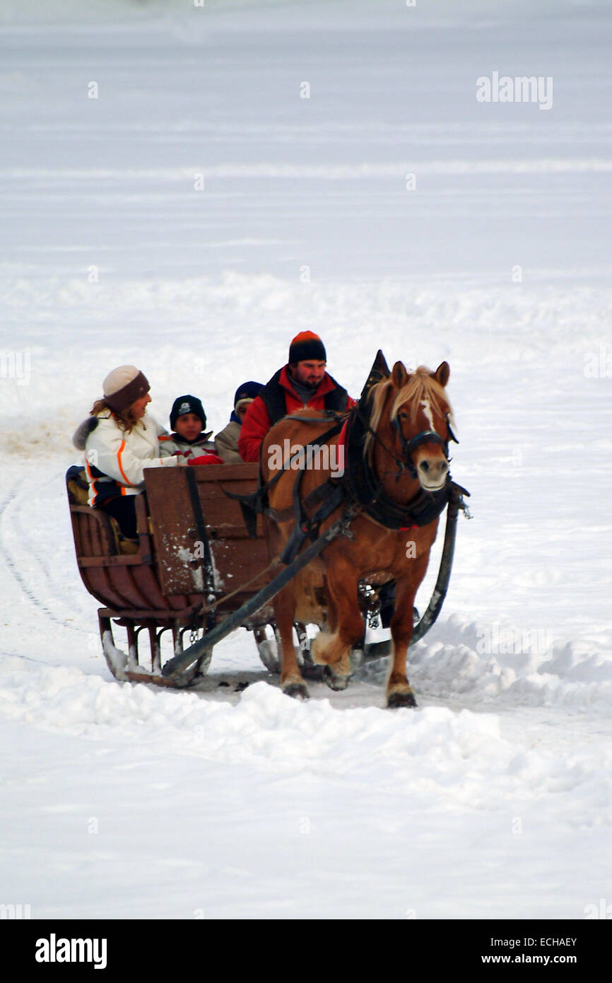 L'Italie, Cortina d'Ampezzo : Couple au moment de Noël sur cheval traîneau  sur lac gelé s'asseoir sous des couvertures en hiver sur la neige Photo  Stock - Alamy