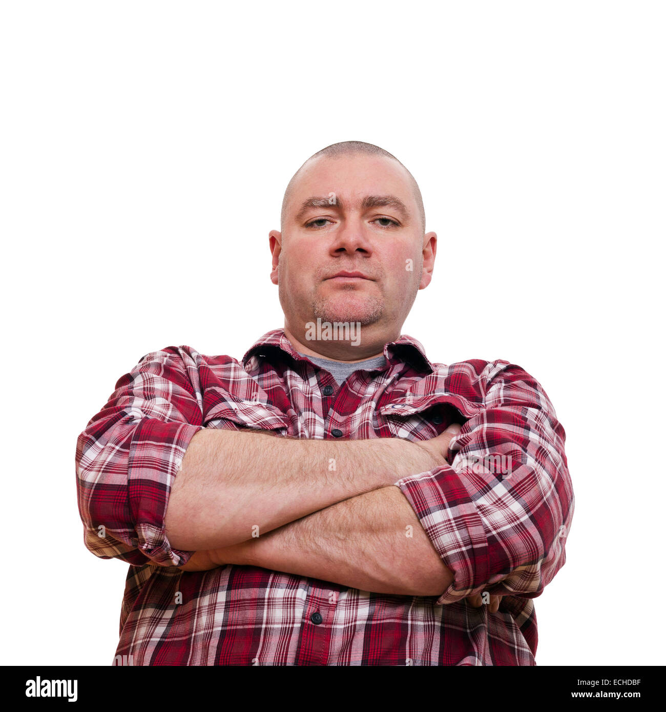 Un homme dans un plaid chemise semble strictement Banque D'Images