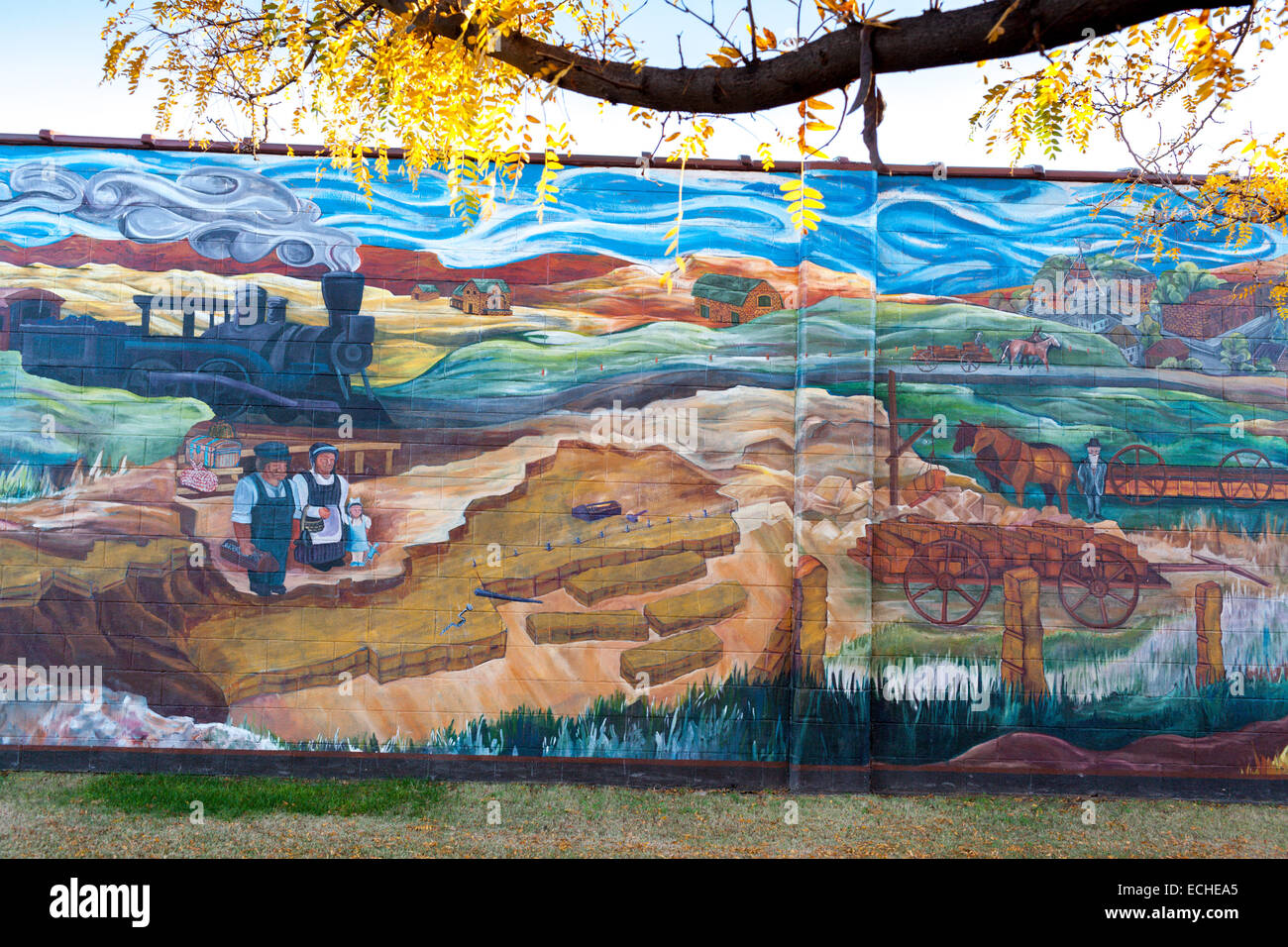 Peinture murale d'immigrants tchécoslovaques porte histoire de poster Rock calcaire, Lucas, Kansas, États-Unis Banque D'Images