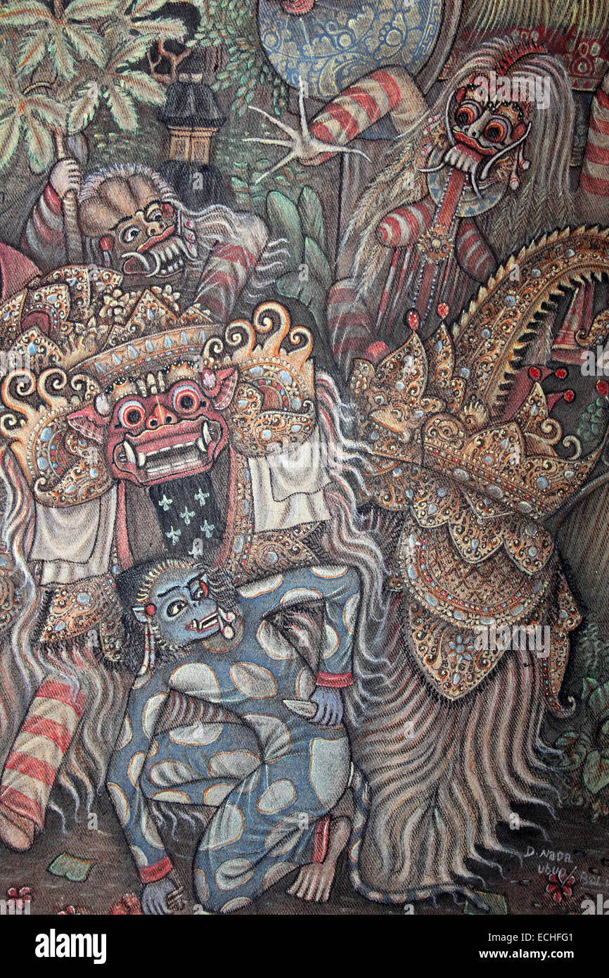 Peinture de Bali Barong le Dieu démon, le démon Rangda Reine des Leyaks et le dieu singe Hanoman Banque D'Images