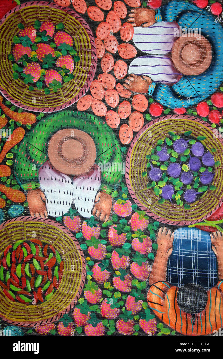 Guatemala la peinture à l'huile montrant cueilleurs de fruits Banque D'Images