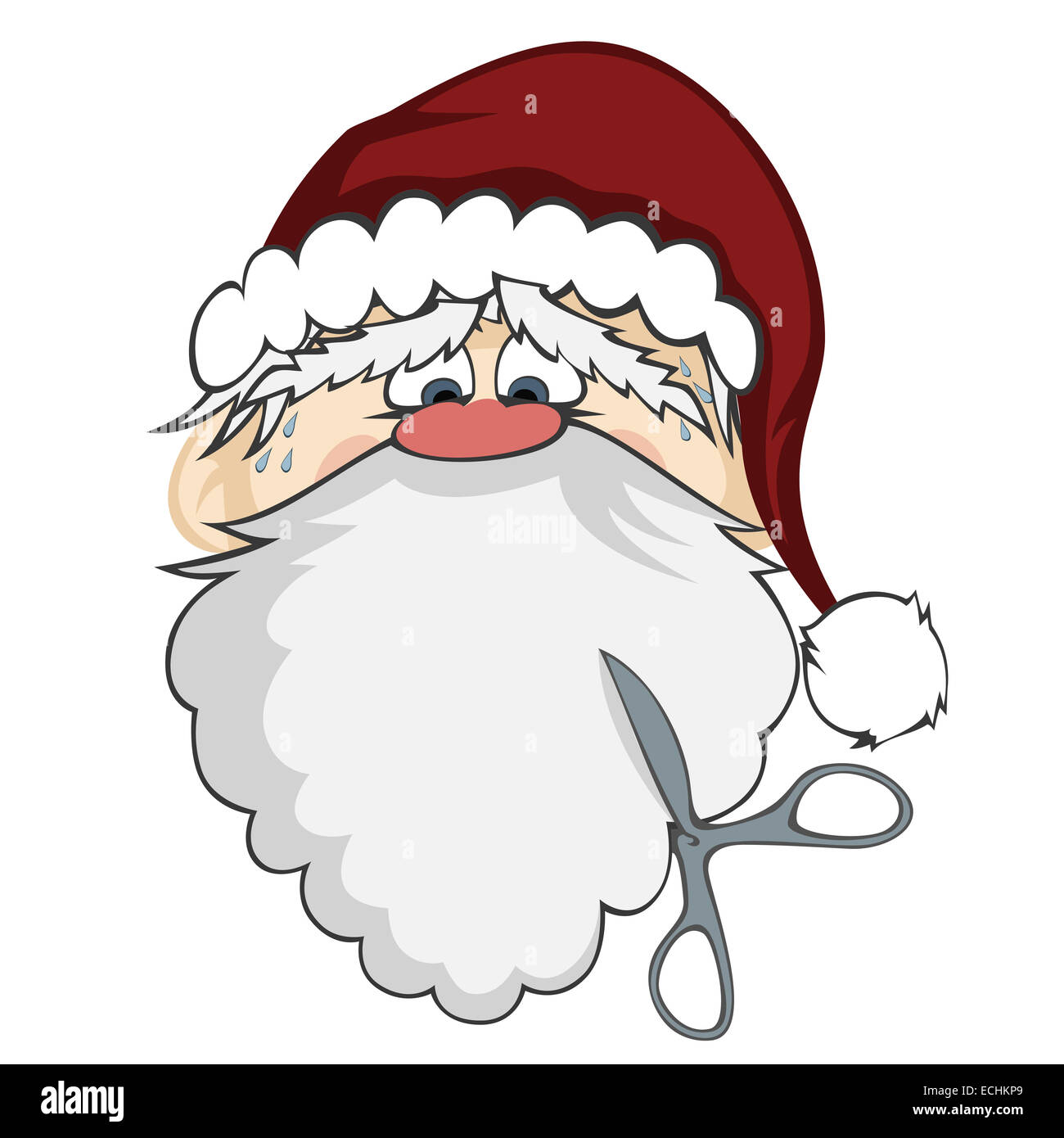 Père Noël avec des ciseaux à propos de couper sa barbe (isolé sur blanc) Banque D'Images