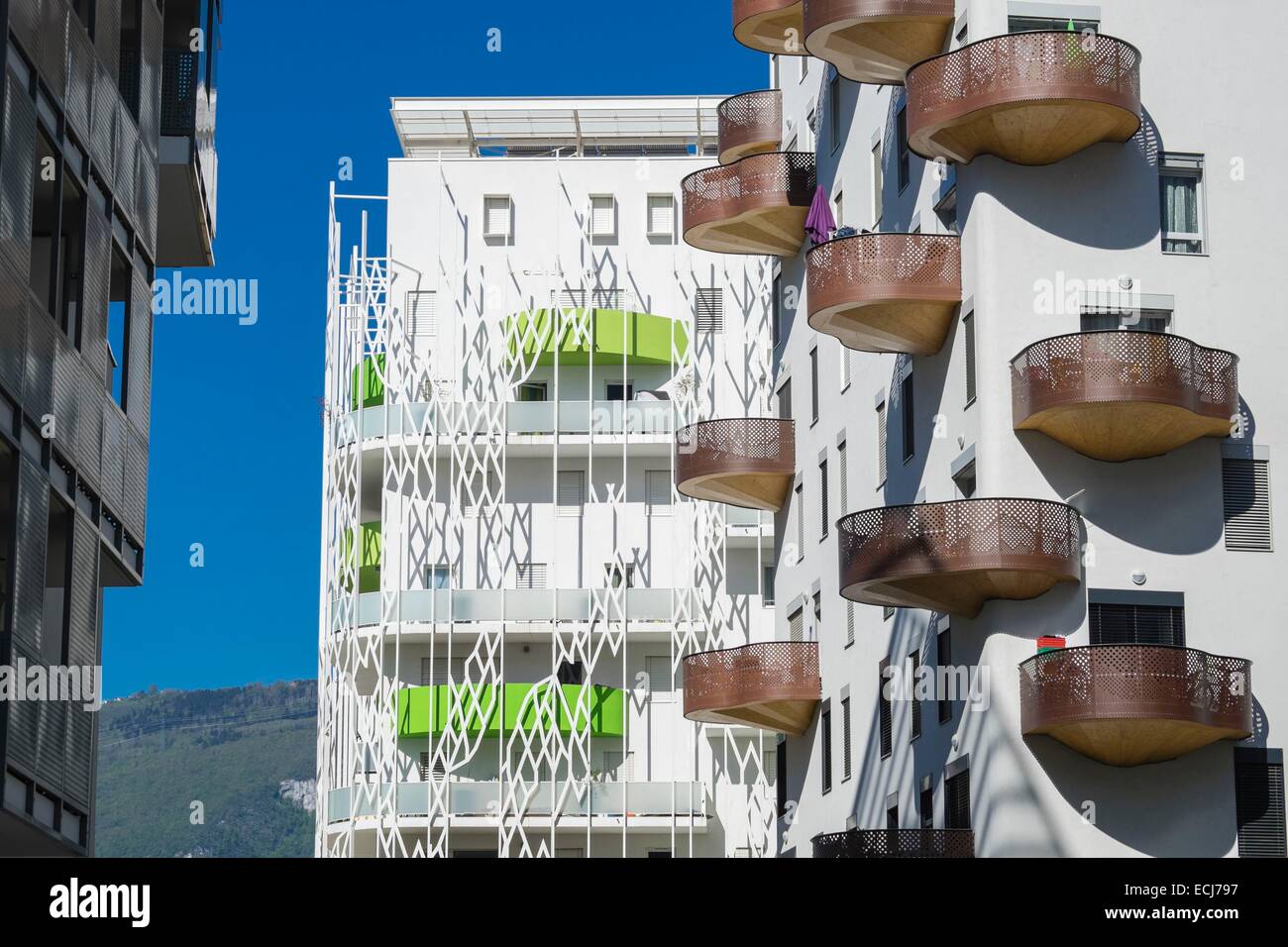 France, Isère, Grenoble Polygone Scientifique, trimestre, la Résidence Les Terrasses de Rive Gauche constitue de 11 bâtiments basse énergie Banque D'Images