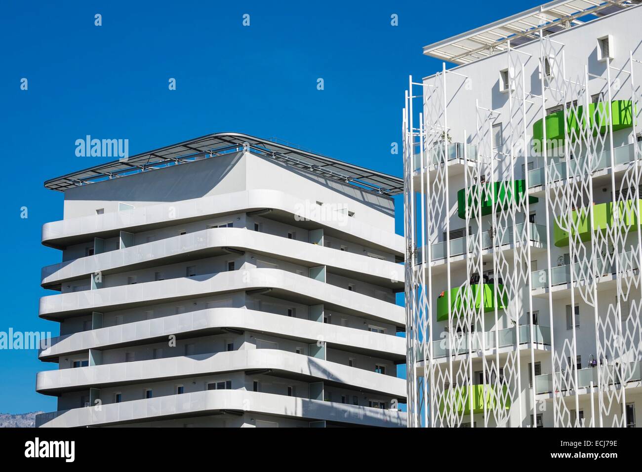 France, Isère, Grenoble Polygone Scientifique, trimestre, la Résidence Les Terrasses de Rive Gauche constitue de 11 bâtiments basse énergie Banque D'Images