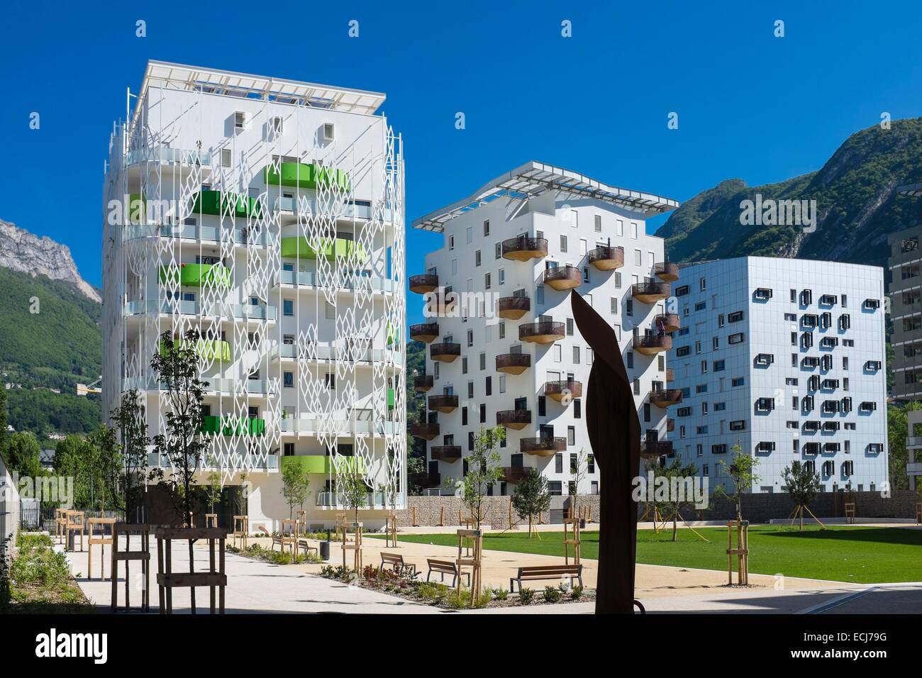 France, Isère, Grenoble Polygone Scientifique, trimestre, la Résidence Les Terrasses de Rive Gauche constitue de 11 bâtiments basse énergie Banque D'Images