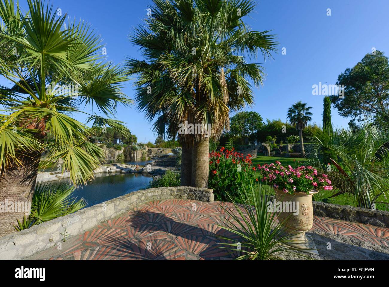 La France, l'Hérault, Béziers, Saint Adrien's garden, classé jardin  remarquable (Jardin remarquable), jardin paysagé créé dans une carrière  datant du Moyen-Âge, allé bordée de palmier avec une étendue d'eau  d'arrière-plan Photo Stock -
