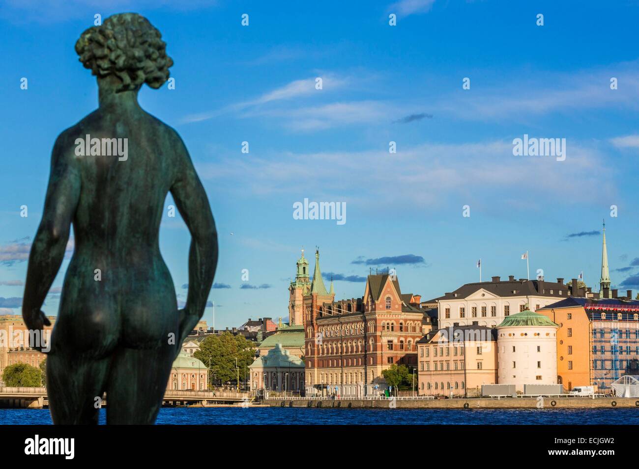 La Suède, Stockholm, vue de l'Hôtel de Ville (Stockholms Stadshus) de la vieille ville (Gamla Stan) en premier plan avec une statue de bronze de Carl Eldh Banque D'Images