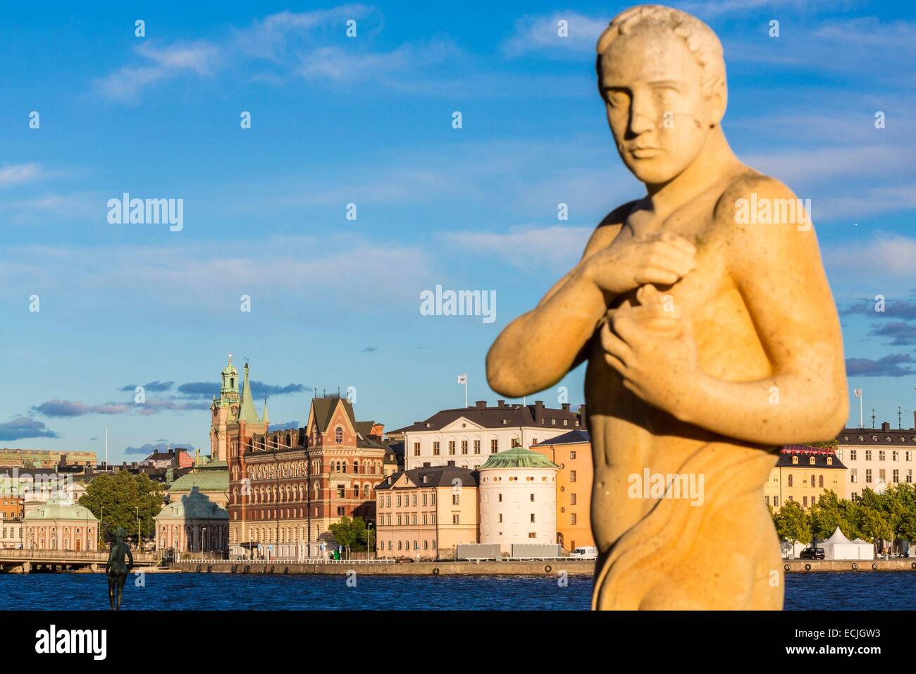 La Suède, Stockholm, vue de l'Hôtel de Ville (Stockholms Stadshus) de la vieille ville (Gamla Stan) en premier plan statue de pierre Banque D'Images