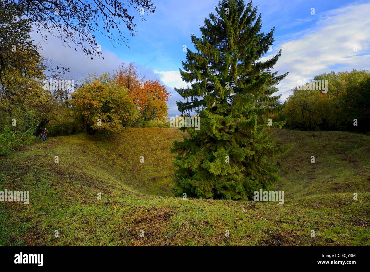 France, Meuse, Lorraine Regional Park, Côtes de Meuse, Les Eparges, traces des combats d'une des batailles les plus sanglantes de la Première Guerre mondiale, cratère résultant de l'explosion de mines pour le contrôle du point X qui domine la plaine Banque D'Images