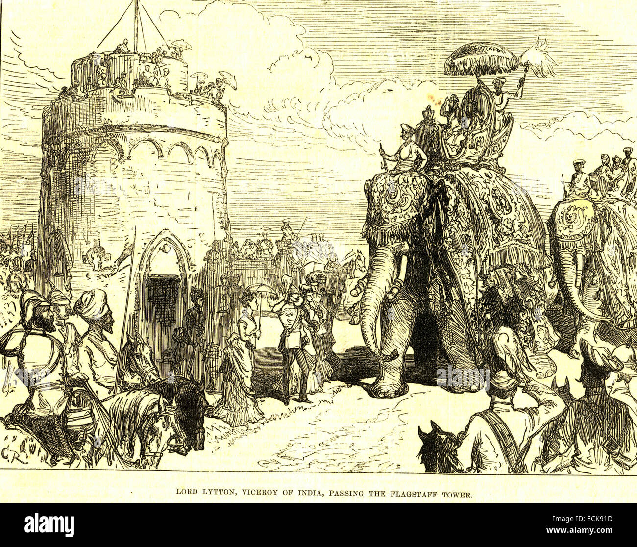 Lord lytton ; vice-roi de l'Inde ; passant le flagstaff tower Delhi ; Inde ; Banque D'Images