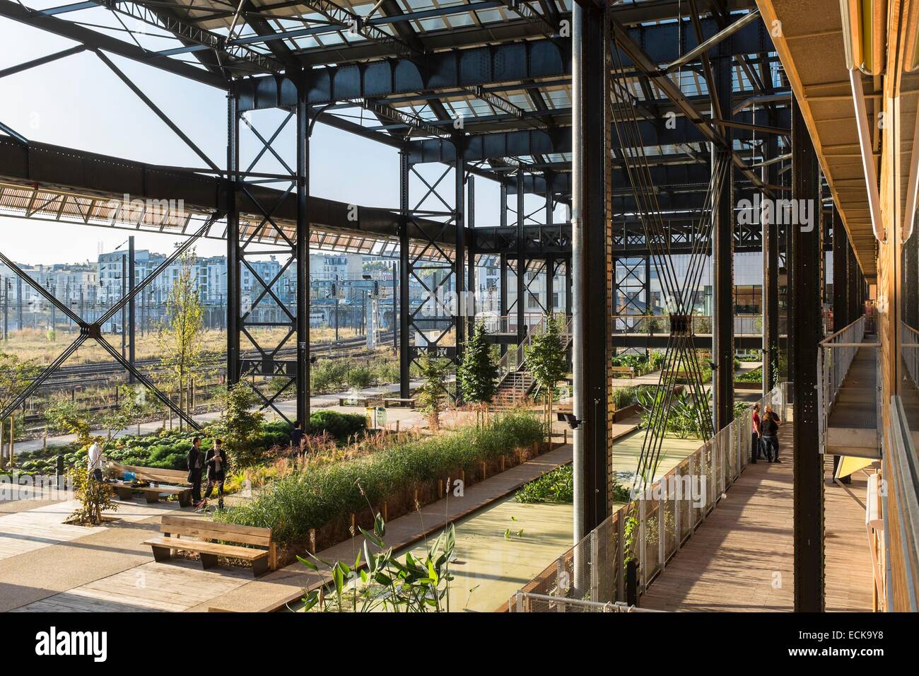 France, Paris, Halle Pajol, bâtiment à énergie positive, produit son électricité avec 3500 m2 de panneaux photovoltaïques, Rosa Luxembourg gardens Banque D'Images