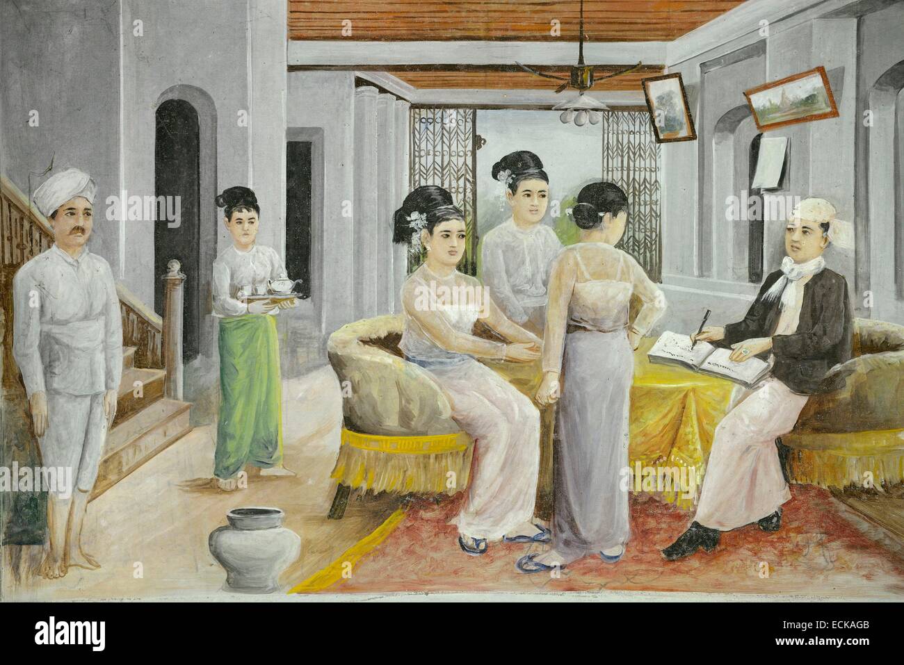 Myanmar (Birmanie), l'État Môn, Mawlamyine (Moulmein), la pagode Mahamuni, trois bonnes épouses civique de planification, d'anciennes œuvres jataka tale situé dans une salle de dessin colonial. Peinture de Po Yin (vers 1935), Banque D'Images