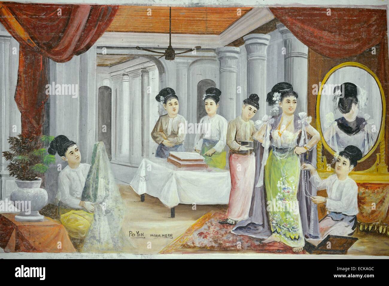 Myanmar (Birmanie), l'État Môn, Mawlamyine (Moulmein), la pagode Mahamuni, la quatrième épouse frivole, Mme Haughty-Highborn beautifiying, elle-même, ancienne jataka tale situé dans une salle de dessin colonial. Peinture de Po Yin (vers 1935), Banque D'Images