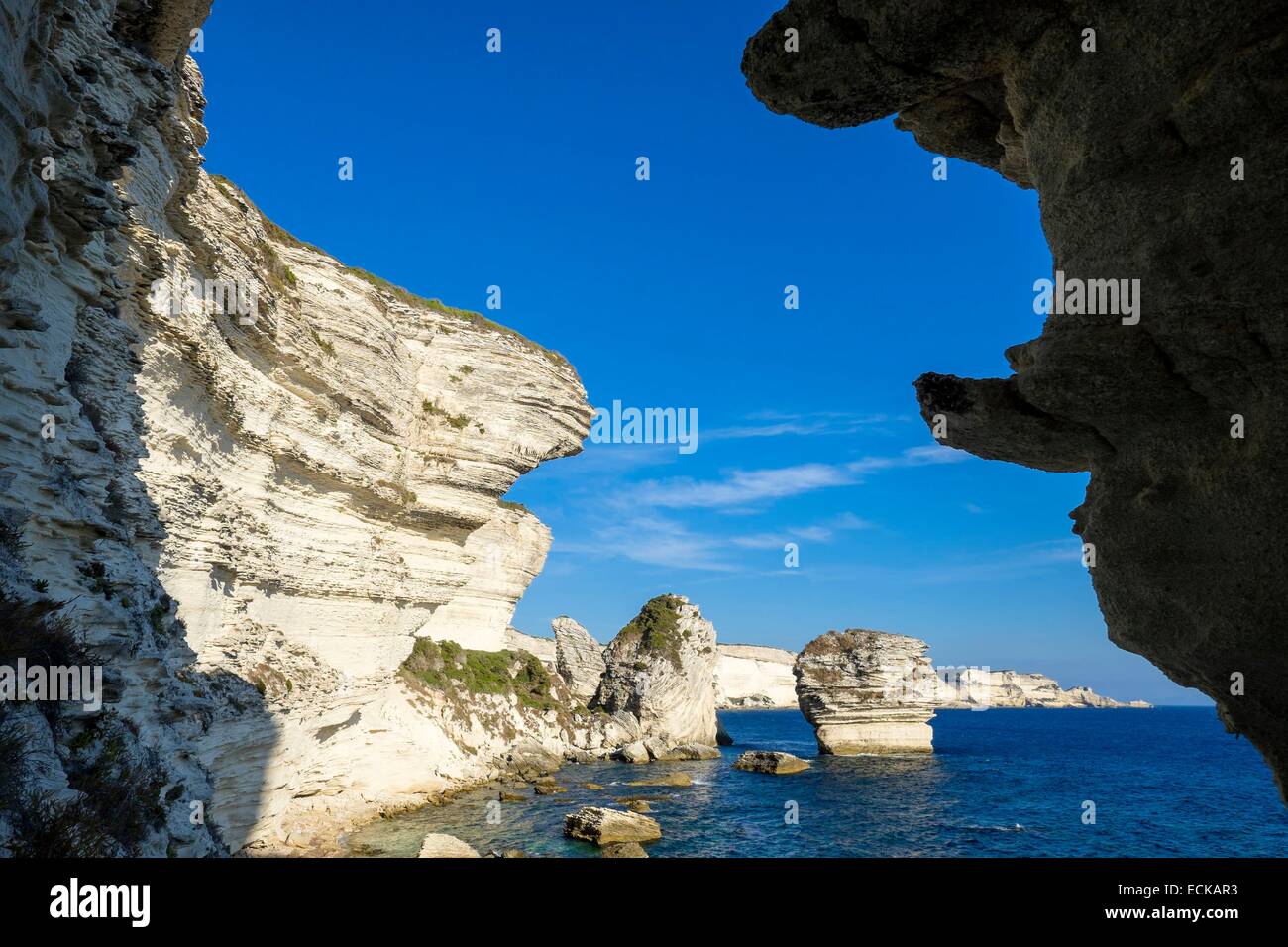 France, Corse-du-Sud, Bonifacio, Bonifacio Réserve Naturelle, falaises calcaires et le grain de sable Banque D'Images
