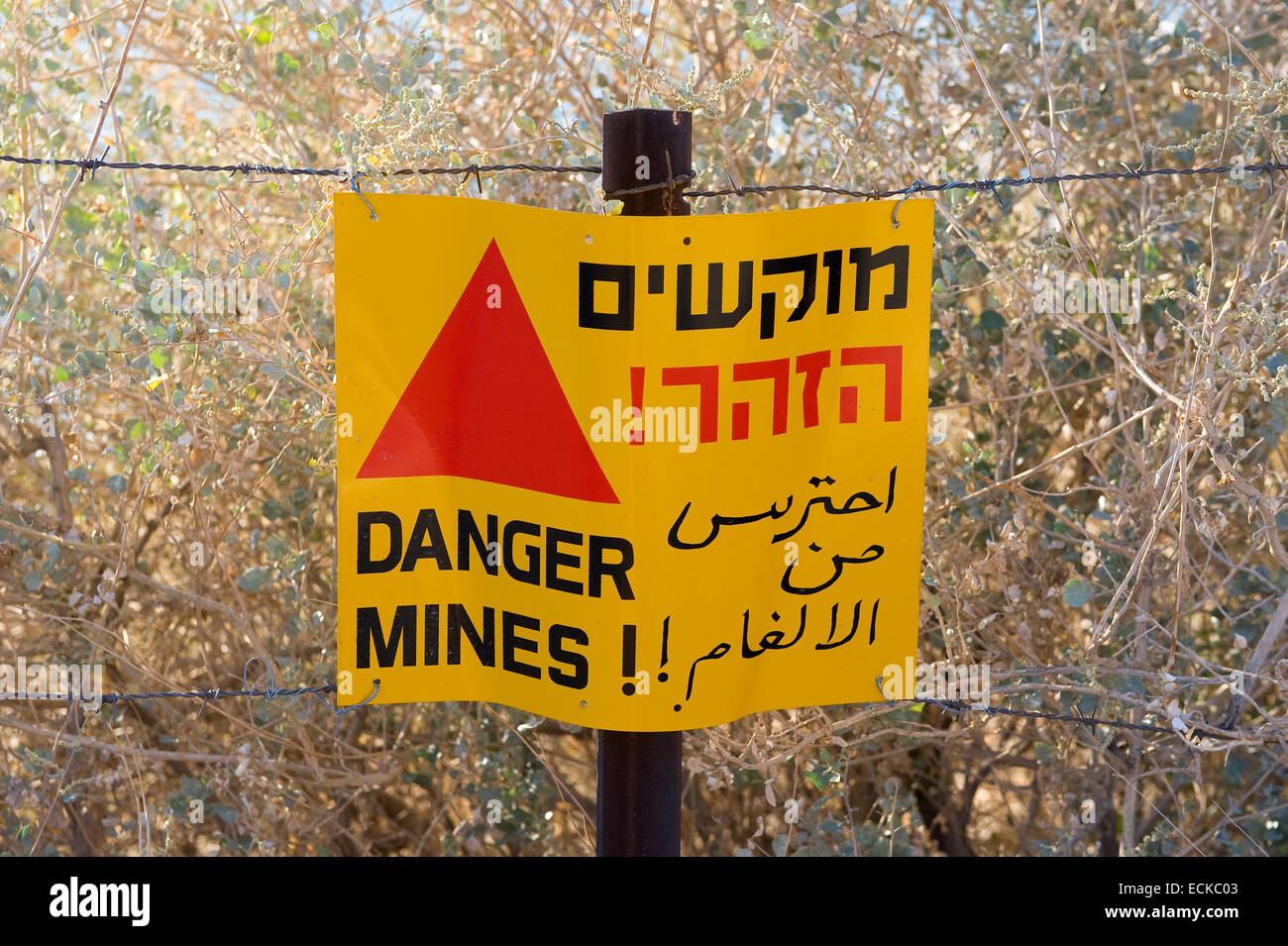 Avec un panneau d'avertissement "Danger Mines' écrit dessus à un champ de mines sur les hauteurs du Golan en Israël Banque D'Images