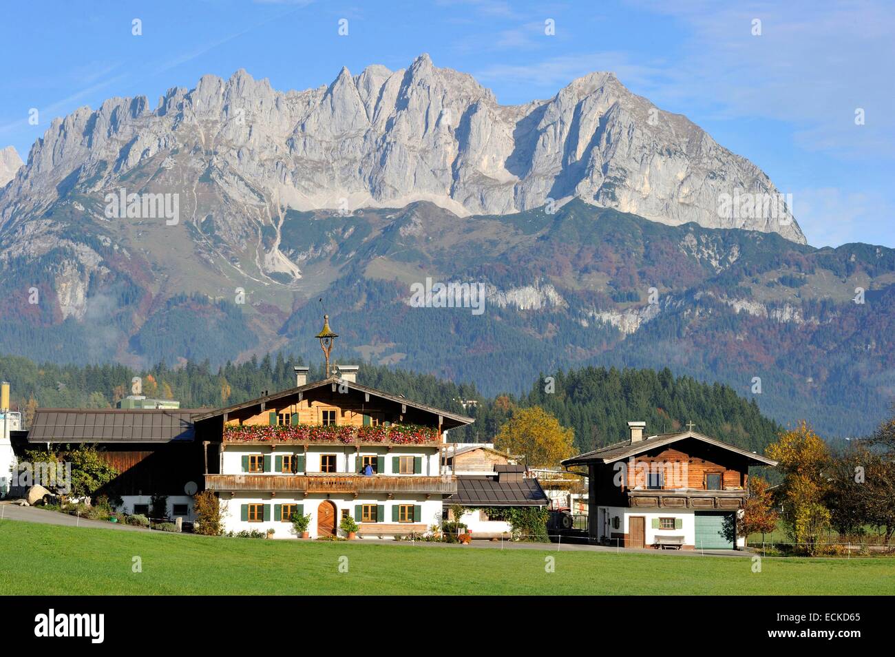 Autriche, Tyrol, Oberndorf im Tyrol, paysage alpin et cottage avant le Wilder Kaiser Banque D'Images