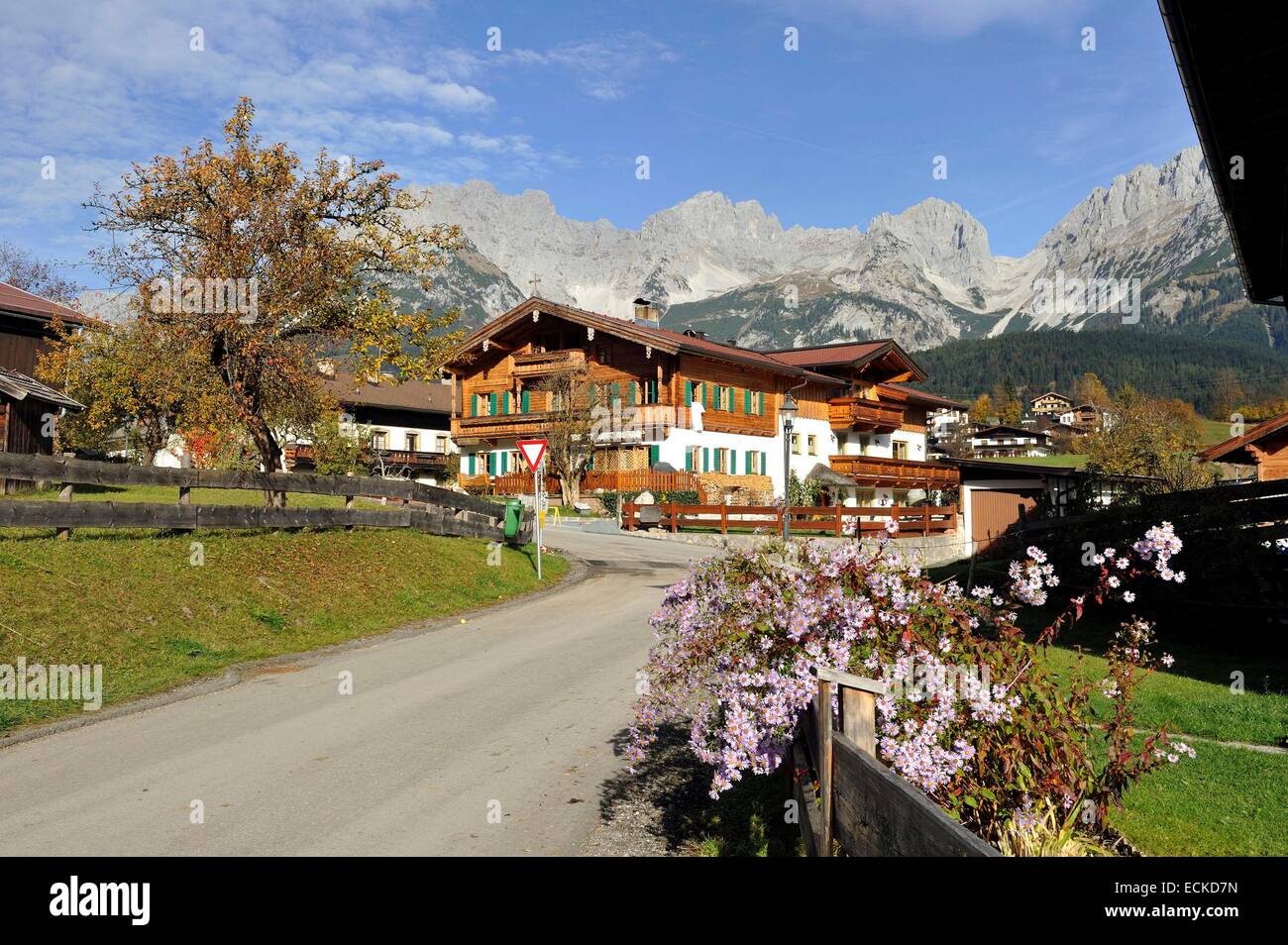 Autriche, Tyrol, Going am Wilder Kaiser, paysage alpin et cottage avant le Wilder Kaiser Banque D'Images