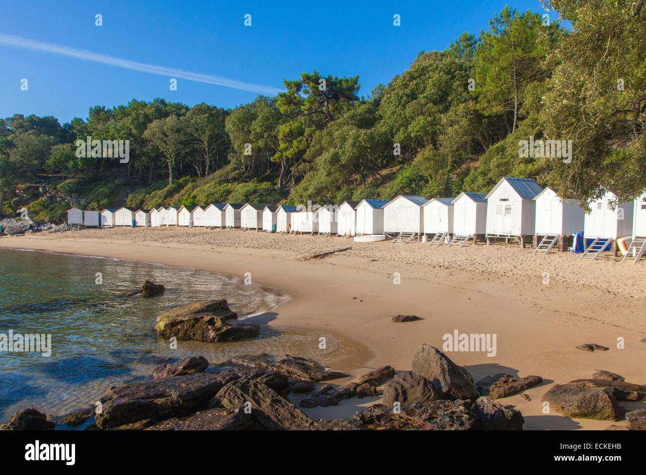 France, Vendée, Ile de Noirmoutier, le bois de la Chaise, la plage Anse  Rouge et cabines de plage Photo Stock - Alamy