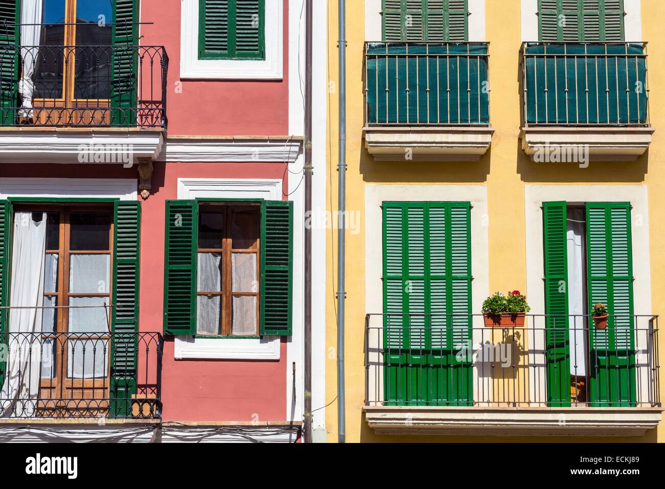 L'Espagne, Îles Baléares, Majorque, Palma de Mallorca, Plaça d'en Coll, façades de maisons de la fin du xixe siècle Banque D'Images