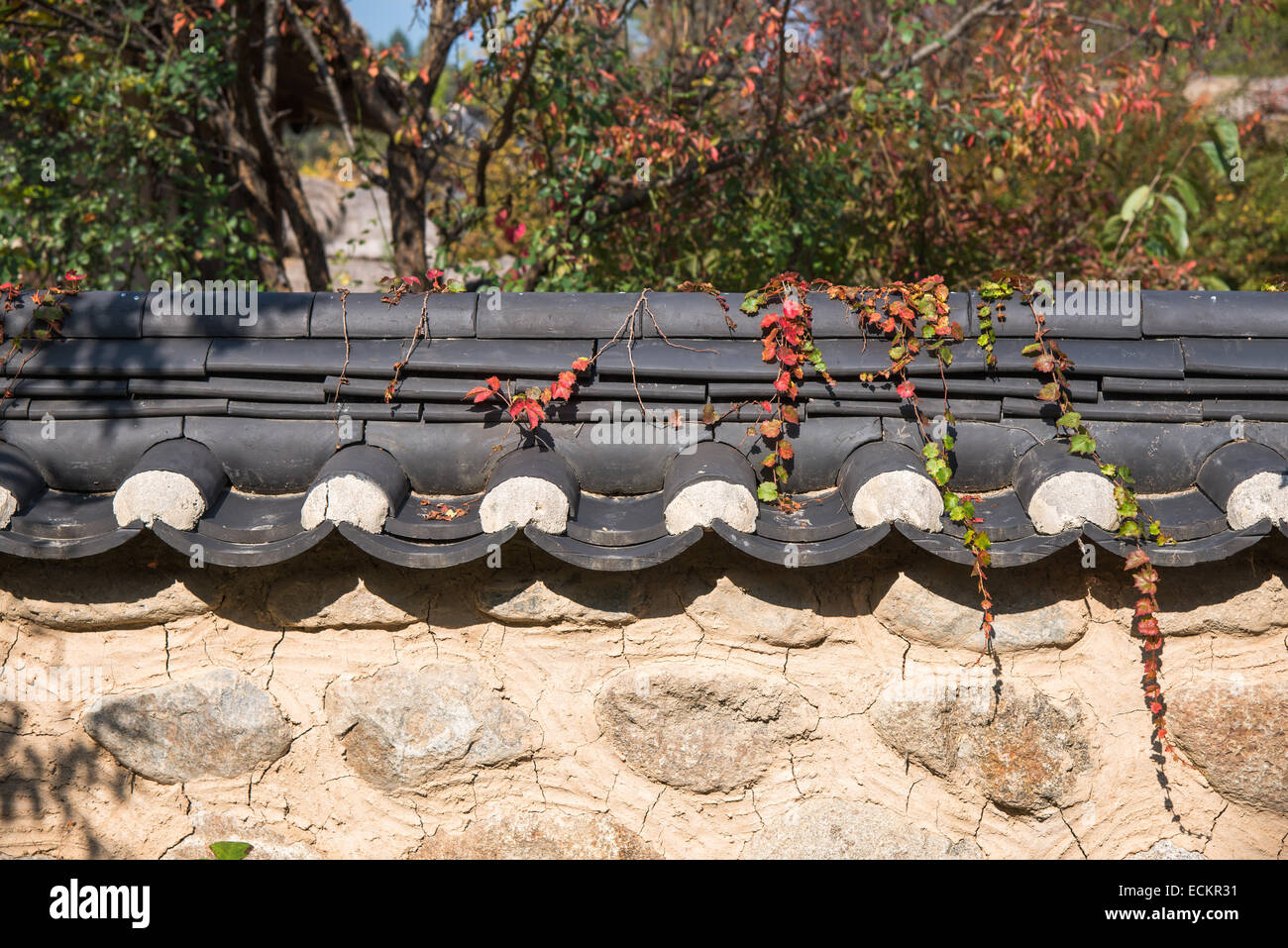 Vue sur mur traditionnel coréen avec toit de tuiles Banque D'Images