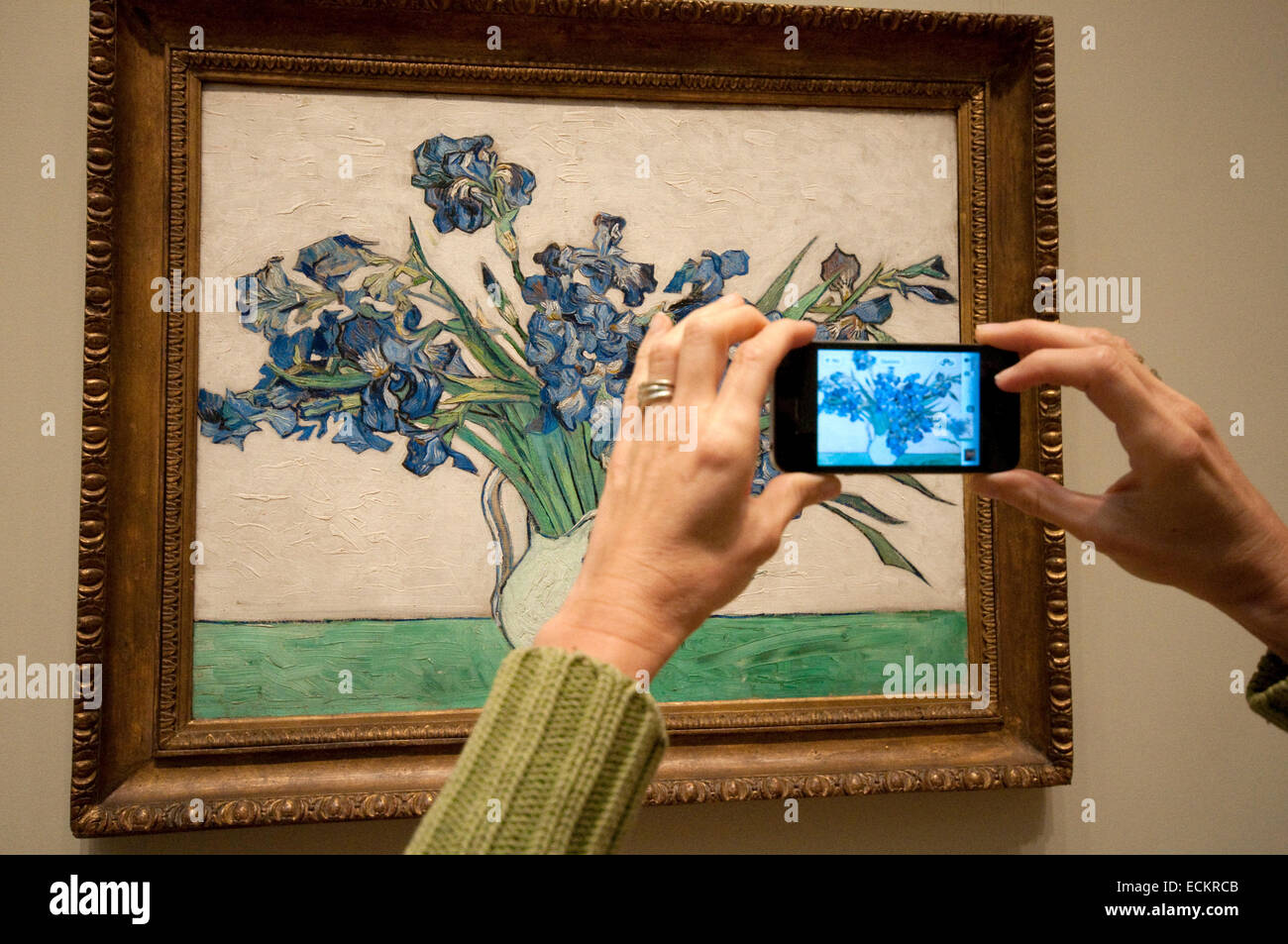 USA, New York, Manhattan, East Side, Metropolitan Museum of Art, Woman Taking photo à l'aide d'un iPhone, Iris de Van Gogh Banque D'Images
