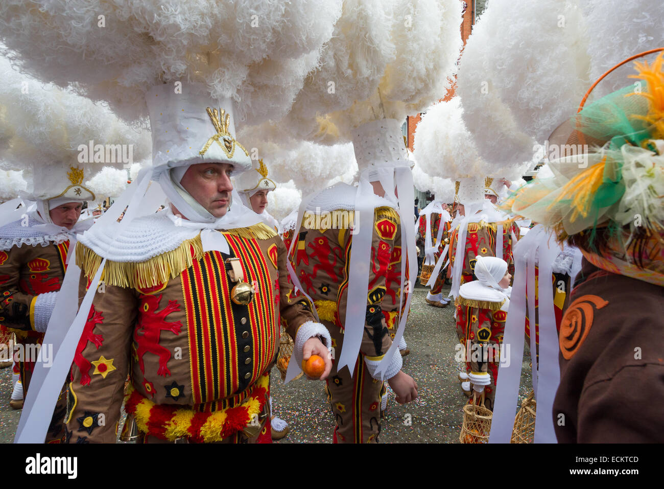Gilles portant des coiffes d'autruche et transportant des oranges lors d'une procession dans les rues lors de la Binche Carnaval, Binche, Belgique Banque D'Images