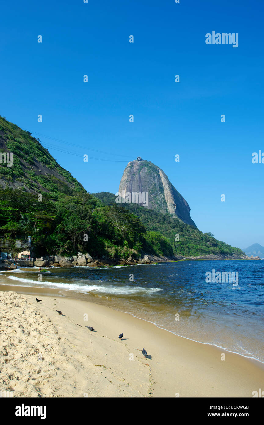 L'affichage classique de Sugarloaf Mountain de Pao de Acucar Rio de Janeiro au Brésil, du Praia Vermelha Plage Rouge à Urca Banque D'Images