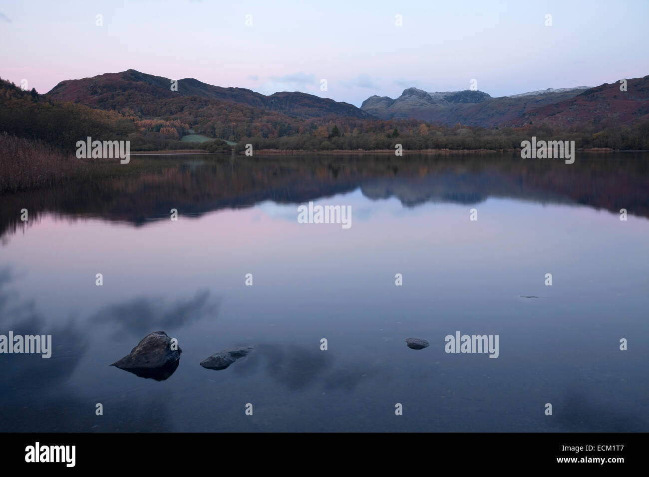 Langdale Pikes se reflète dans Elter Water Lake, Cumbria, Royaume-Uni Banque D'Images