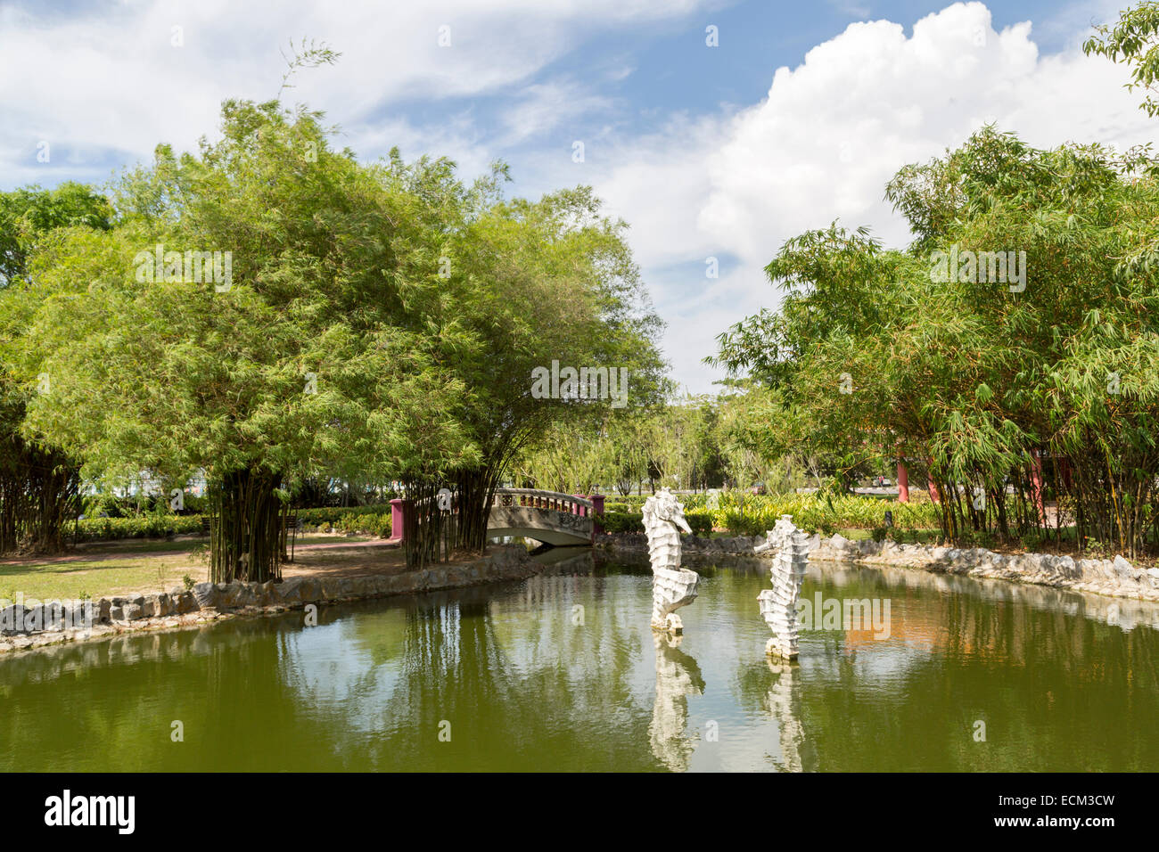 Sculptures d'hippocampes en chinois jardin piscine dans le parc de la ville, ventilateur, la Malaisie Miri Banque D'Images