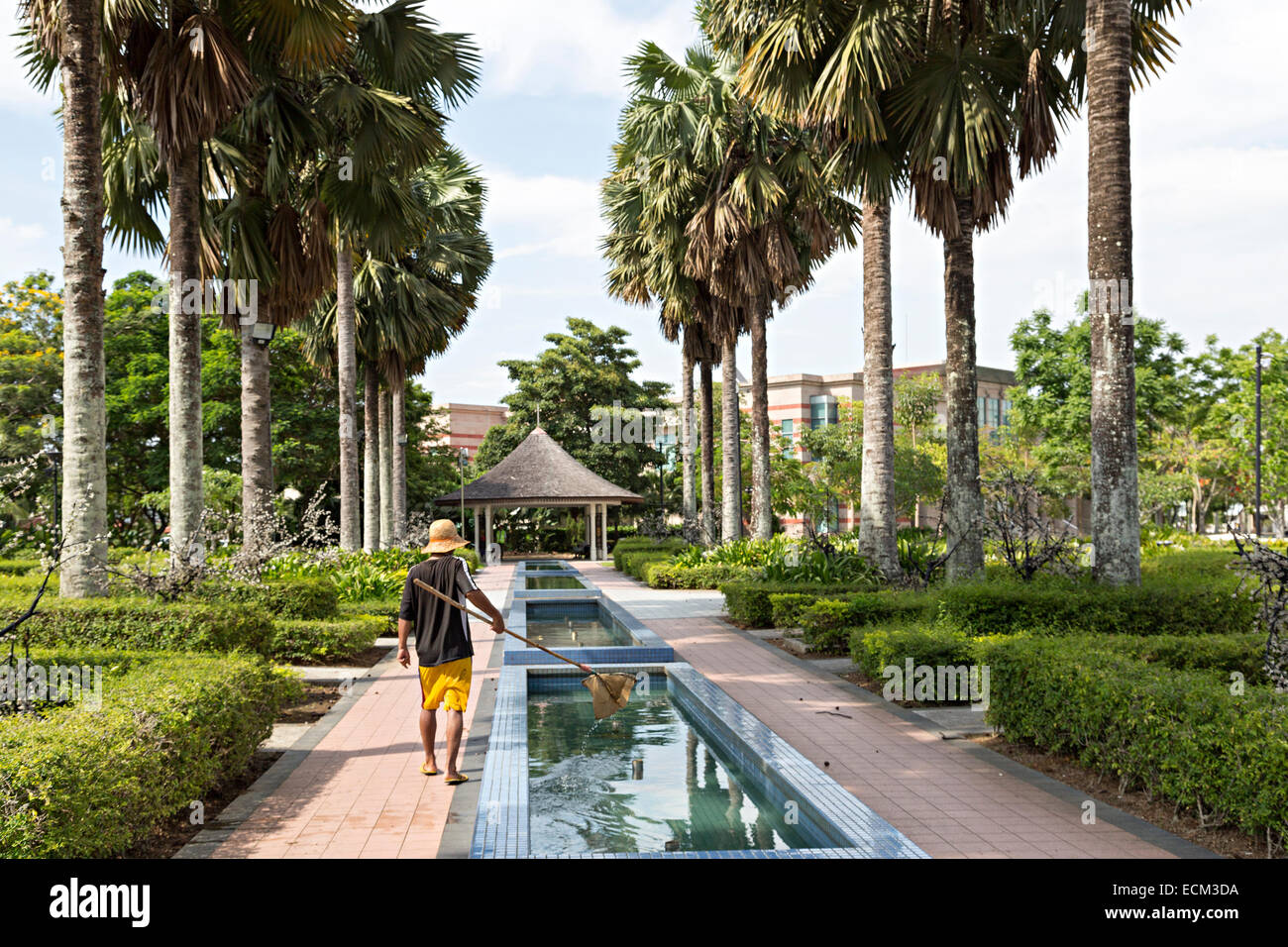 Feuilles de nettoyage des piscines en parc, Ville, ventilateur, la Malaisie Miri Banque D'Images