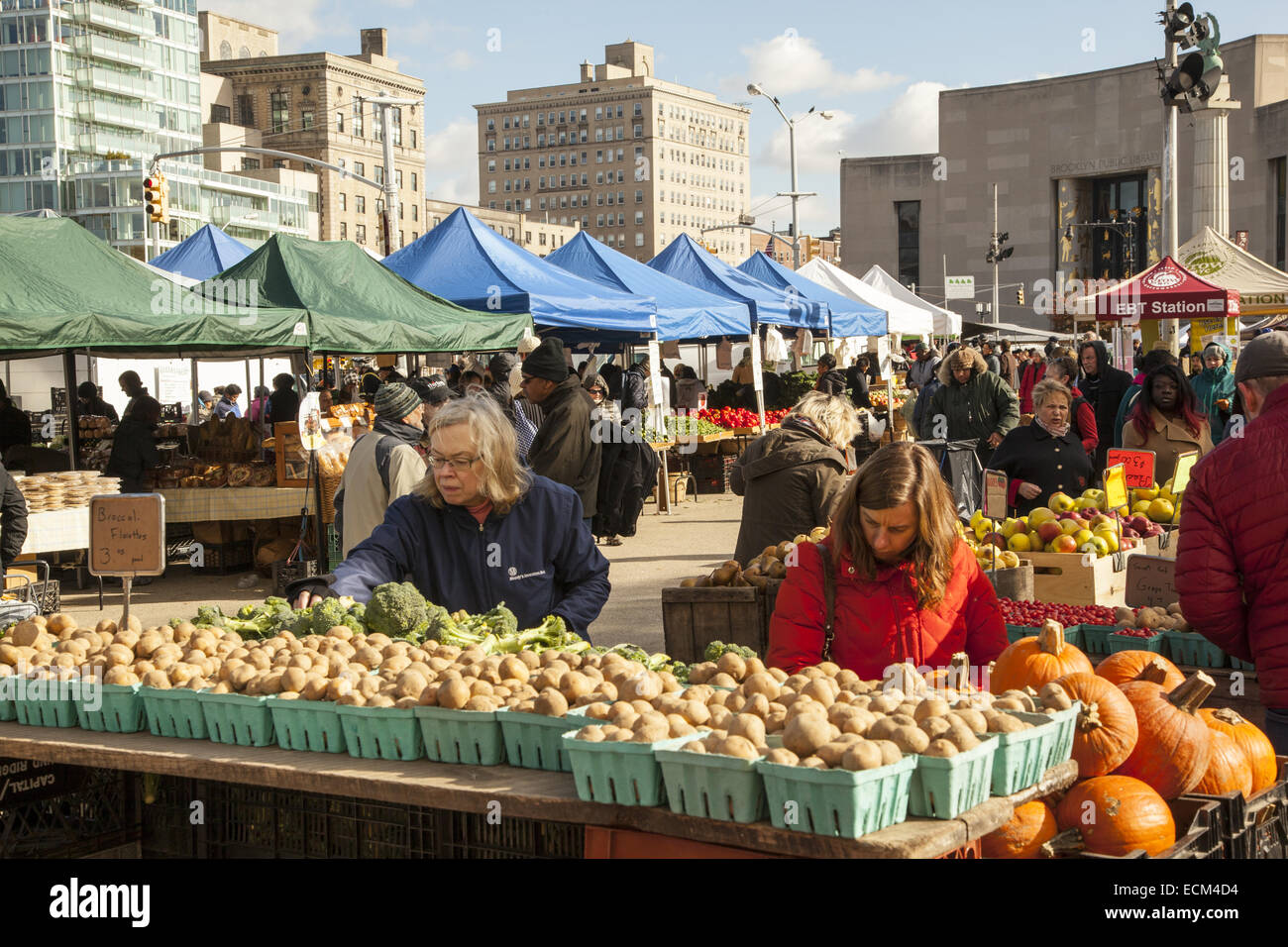 Les gens magasinent à la fin de l'automne au Grand Army Plaza farmers market à Brooklyn, New York. Banque D'Images Les gens magasinent à la fin de l'automne au Grand Army Plaza farmers market à Brooklyn, New York. Banque D'Images