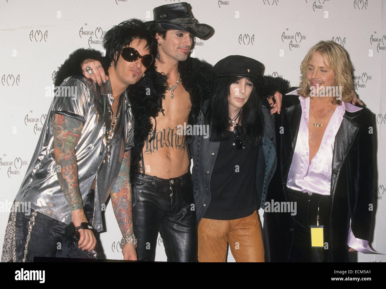 MOTLEY CRUE groupe rock américain en 1997. De gauche à droite : Nikki Sixx, Tommy Lee, Mick Mars, Vince Neil, Photo Jeffrey Mayer Banque D'Images