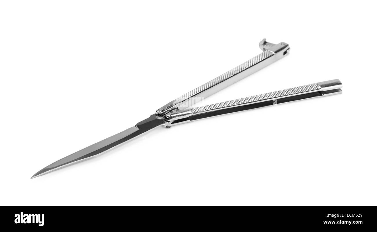 Le balisong ouvert sur un fond blanc Banque D'Images Le balisong ouvert sur un fond blanc Banque D'Images
