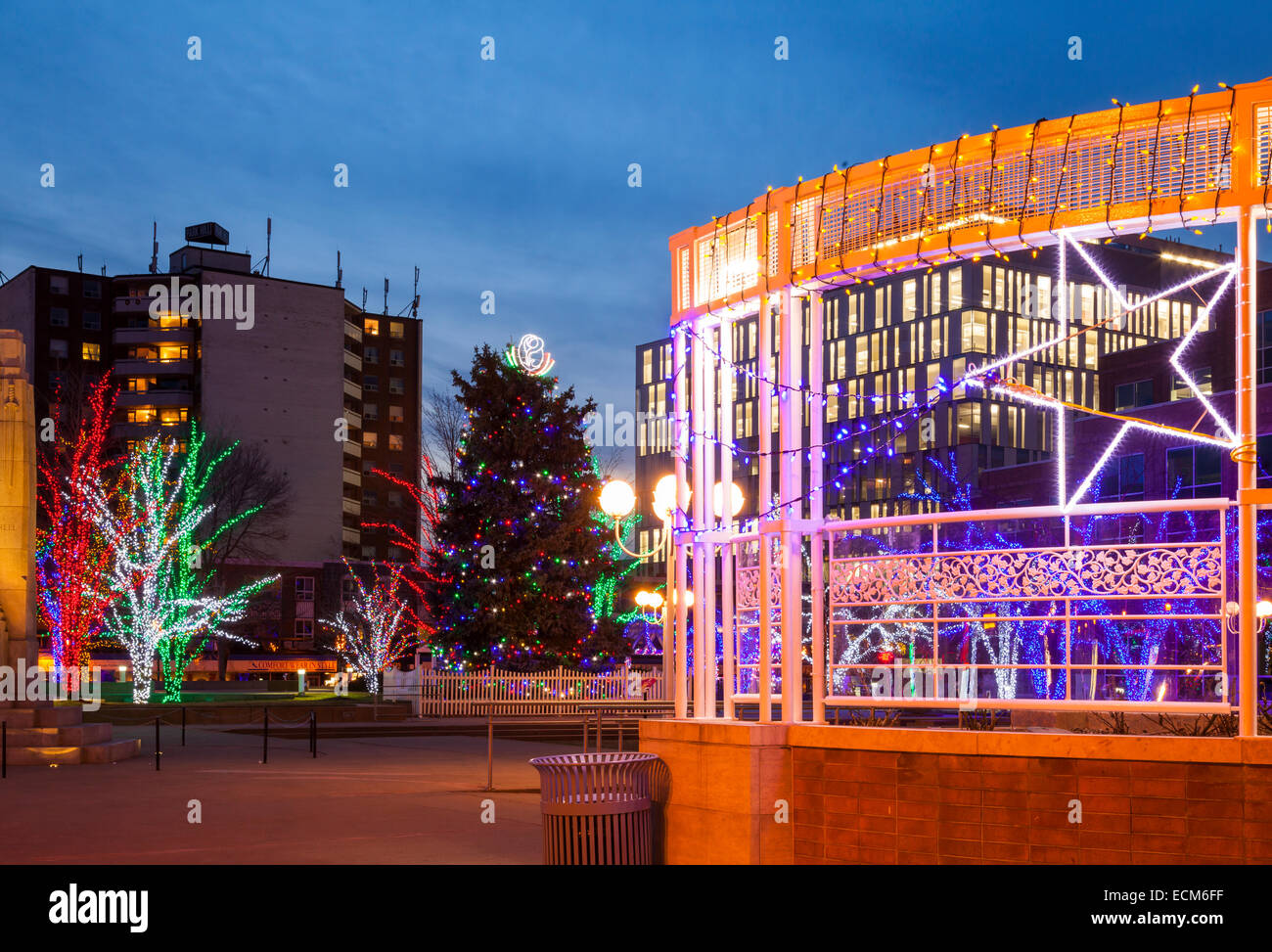 Les arbres illuminés et autres décorations près de l'Hôtel de ville au centre-ville de Brampton, Ontario, Canada. Banque D'Images Les arbres illuminés et autres décorations près de l'Hôtel de ville au centre-ville de Brampton, Ontario, Canada. Banque D'Images