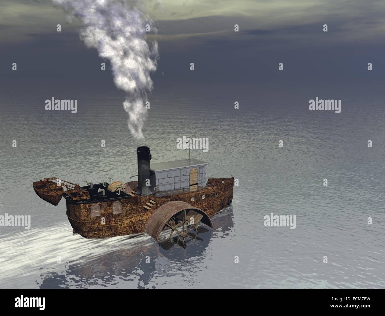 Petit bateau à vapeur bateau flottant sur l'eau et la production de fumée secondaire Banque D'Images