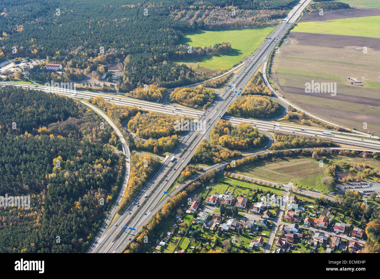 Vue aérienne, Hermsdorfer Kreuz, l'autoroute, vue de l'Est, la sortie de l'autoroute A4 et l'autoroute A9 Banque D'Images