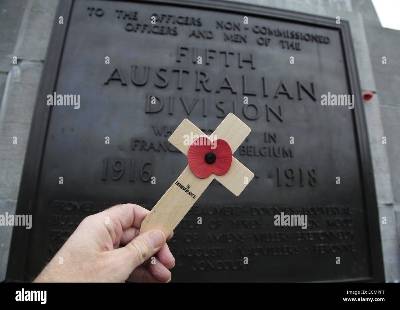 En souvenir.Première Guerre mondiale Memorial pour la 5e Division Australienne.Zonnebeke Belgique. Banque D'Images