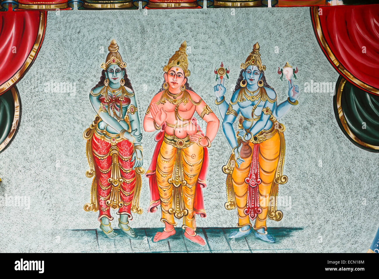 L'Ile Maurice, Mahebourg, temple hindou, la peinture murale de divinités, Kali, Shiva, Vishnu Banque D'Images