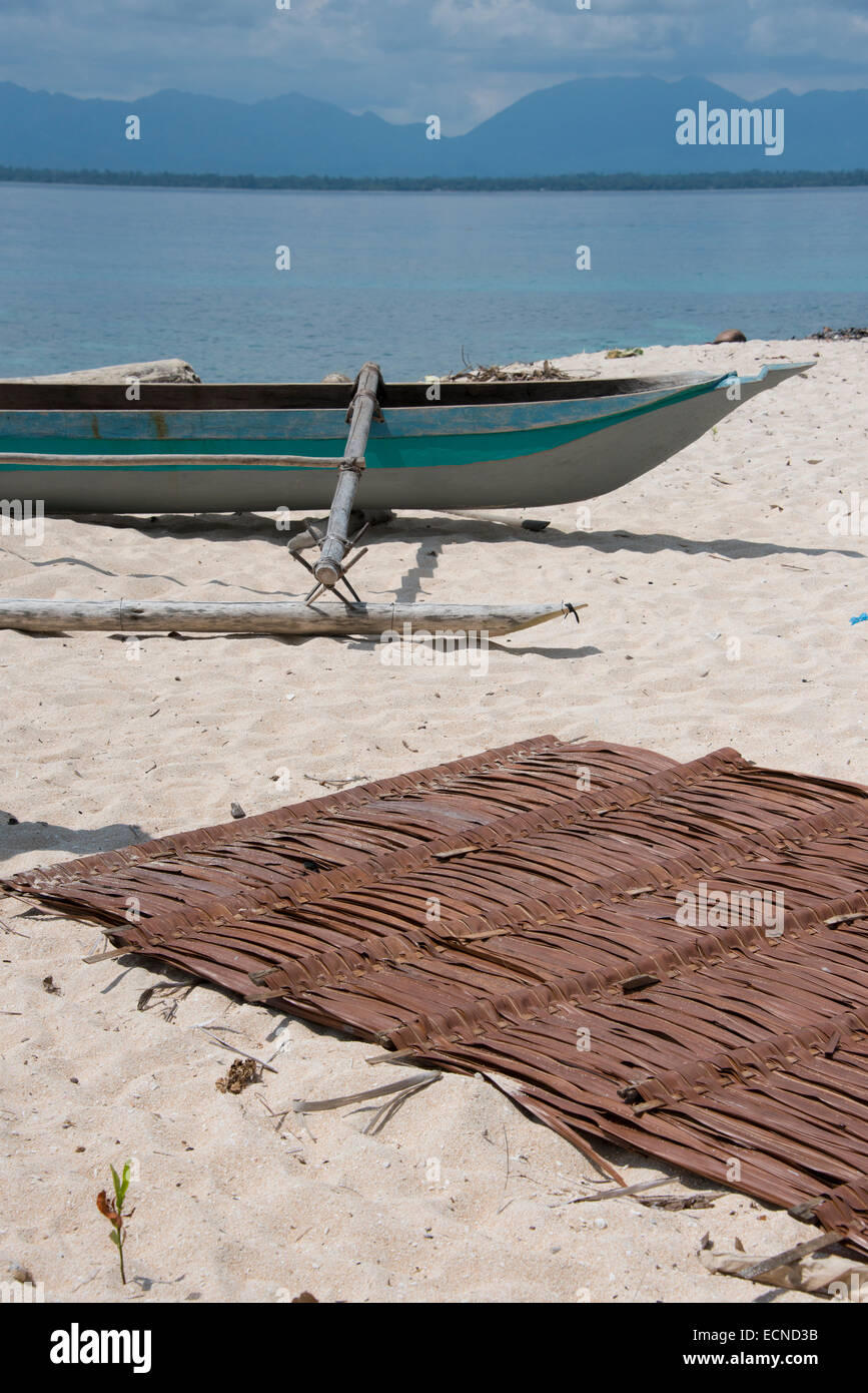 En Mélanésie, la Papouasie-Nouvelle-Guinée. Petite île de Ali au large de la côte de la partie continentale de la PNG. Sur le tapis de Palm Beach avec bateau traditionnel. Banque D'Images