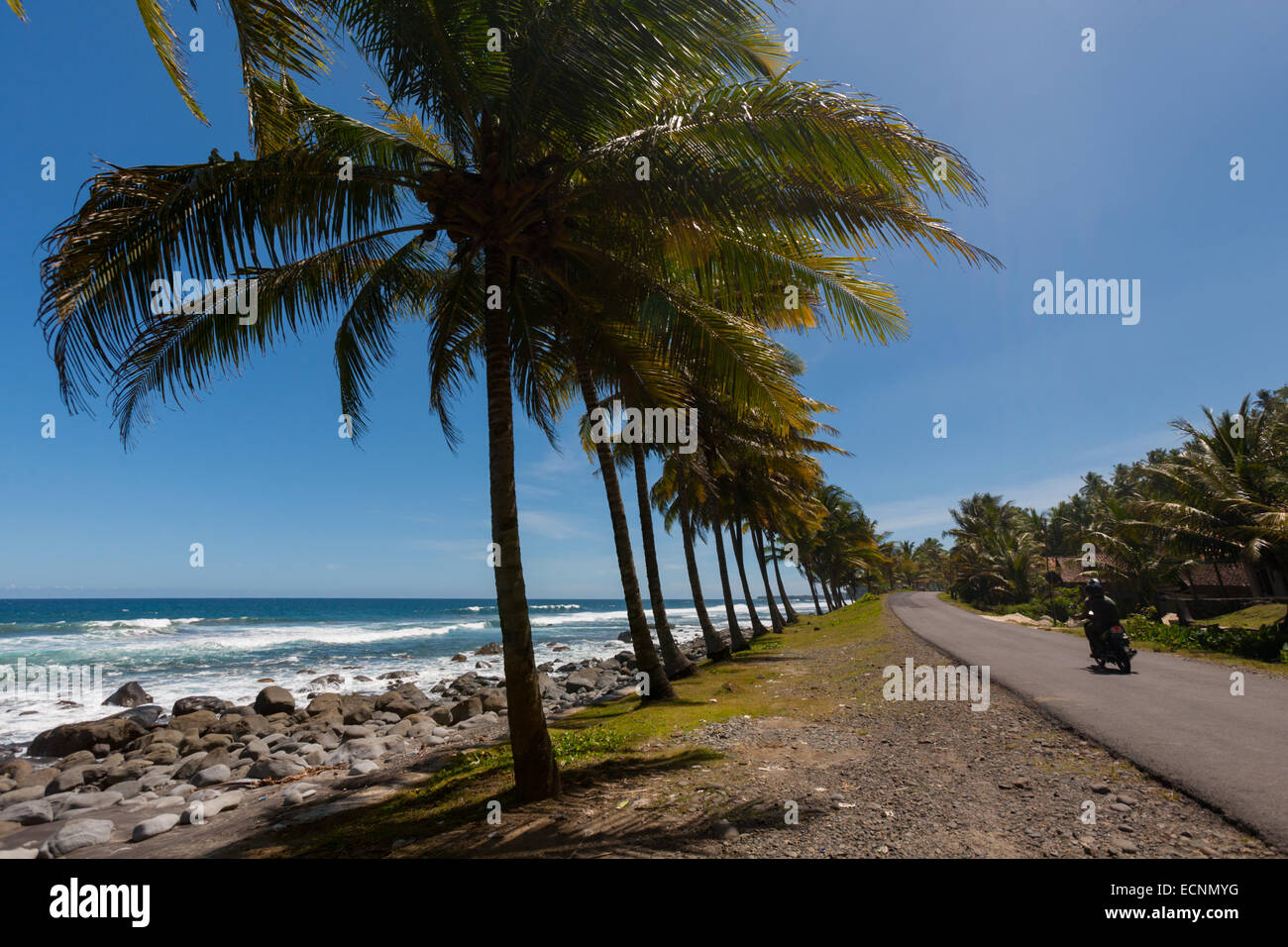 Route rurale sur une plage plate à Kotakarang, sur la côte ouest de Lampung, en Indonésie. Banque D'Images