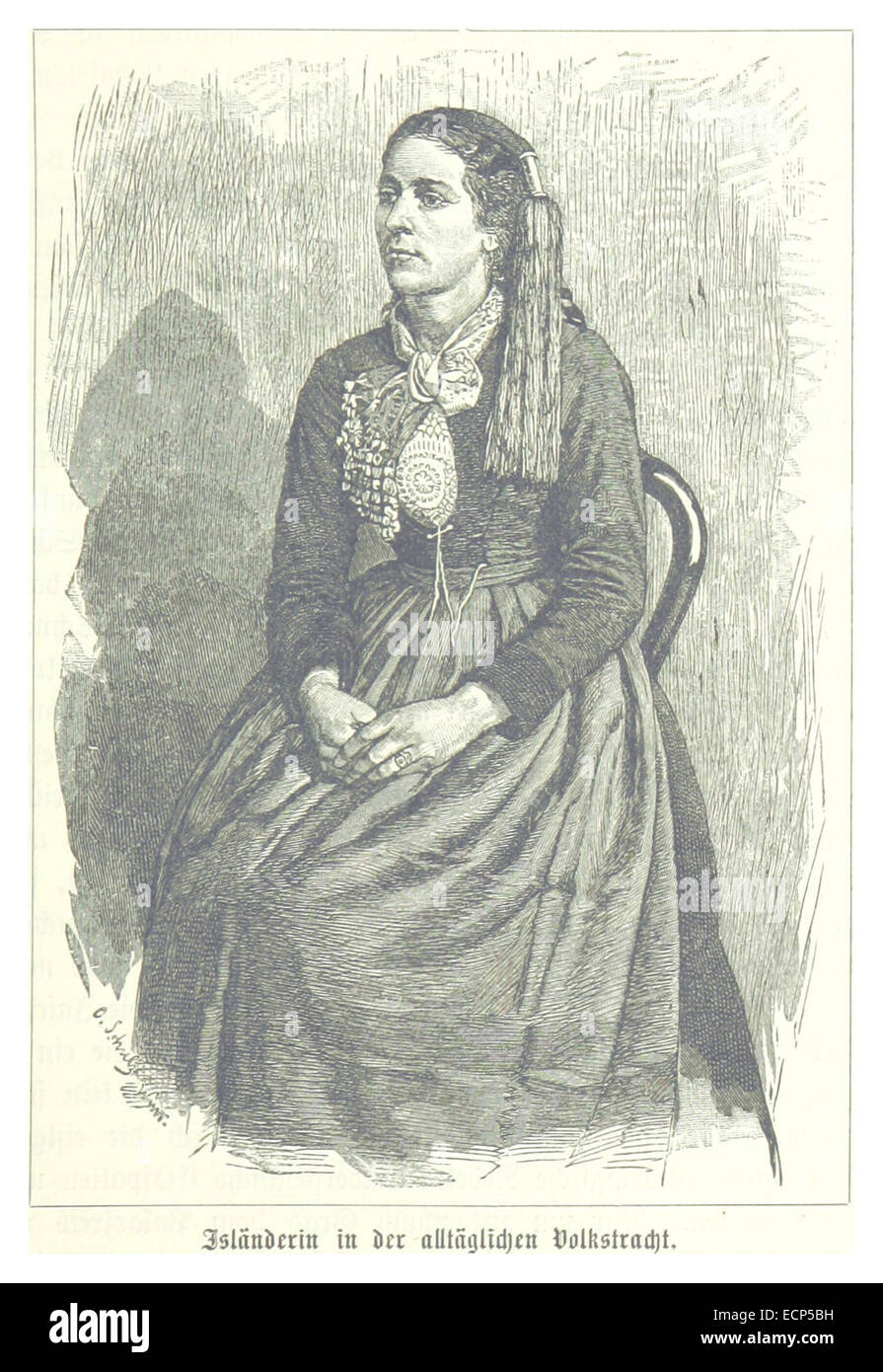 Cette illustration de 1889 de Baumgartner représente une femme islandaise en tenue quotidienne traditionnelle, mettant en valeur le patrimoine culturel de l'Islande au XIXe siècle. Banque D'Images