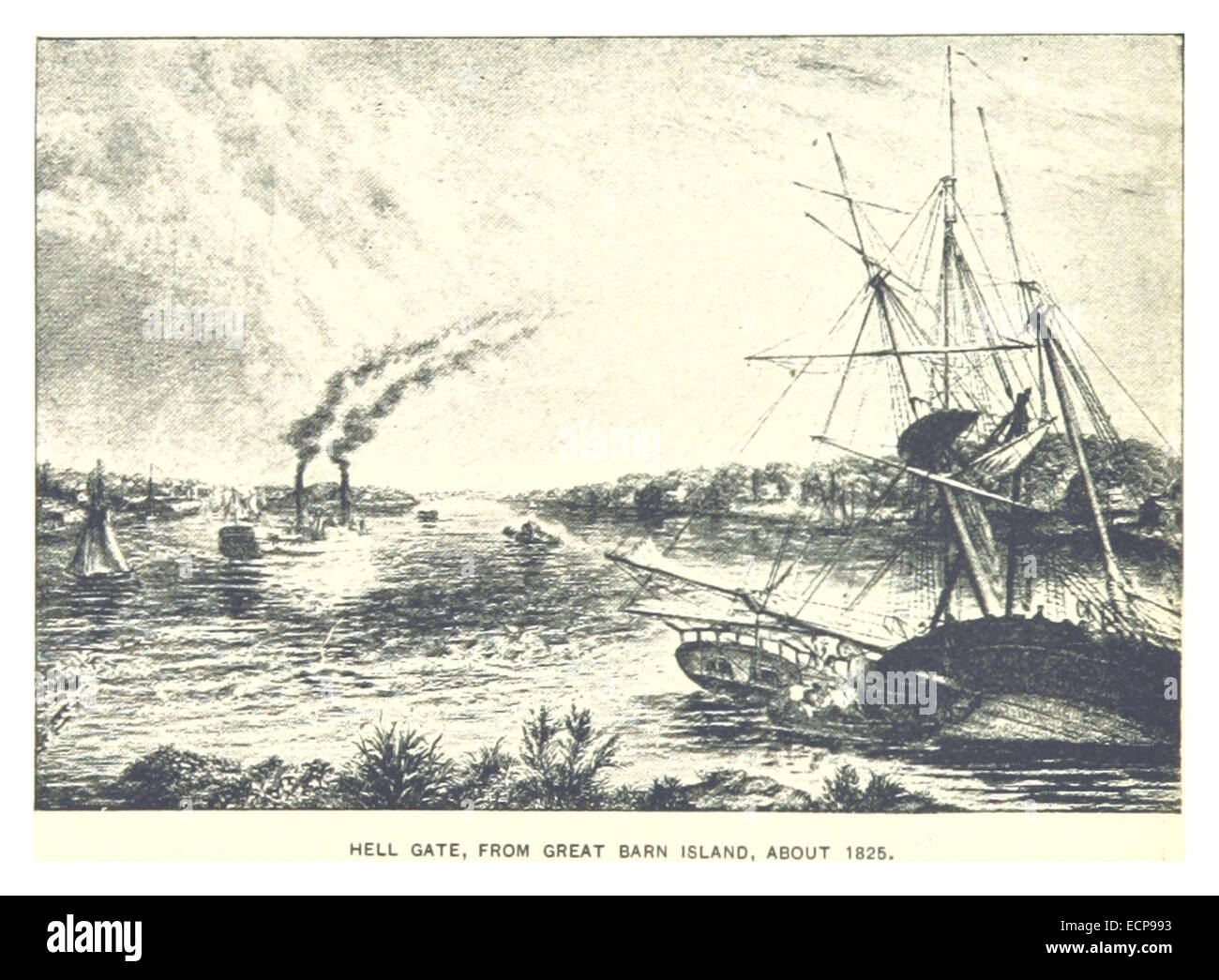 (King1893NYC) pg084 Hell Gate, à partir de la grande île, environ 1825 Grange Banque D'Images