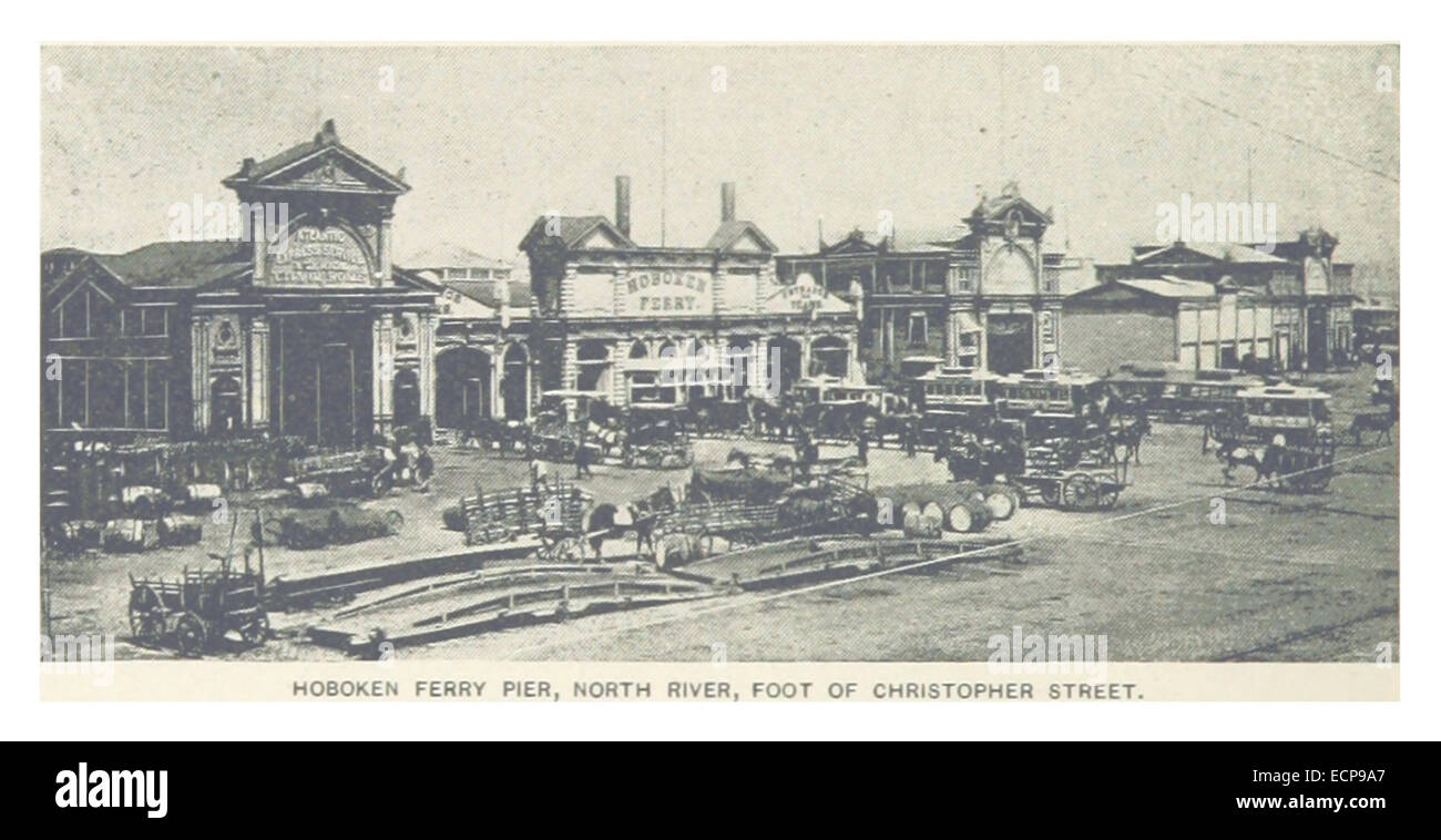 Cette illustration de 1893 capture Hoboken Ferry Pier sur la North River, illustrant la station de ferry et l'activité maritime au pied de Christopher Street à New York. Banque D'Images