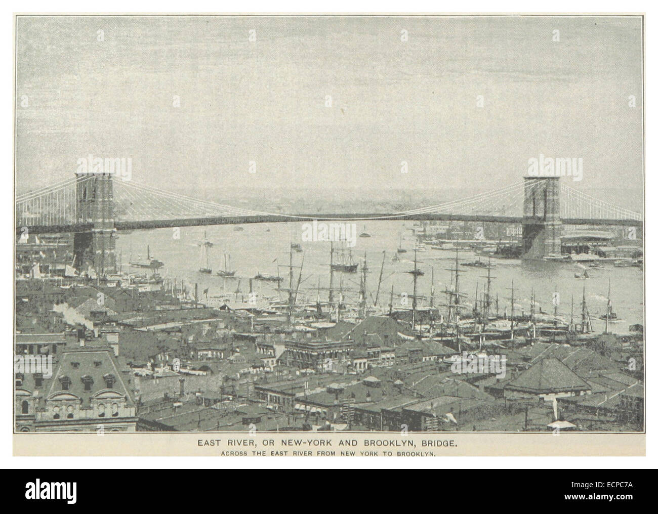Une illustration de 1893 de l’East River et du pont de New York et Brooklyn, montrant l’importance du pont comme lien vital entre Brooklyn et Manhattan à la fin du XIXe siècle. Banque D'Images
