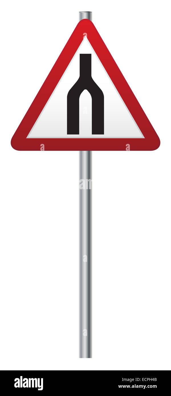 Une fusion à venir signer les routes triangulaire sur un poteau isolé sur fond blanc Banque D'Images