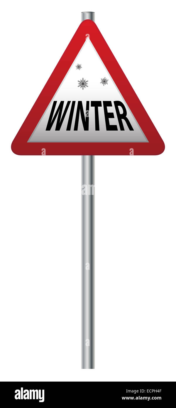 Un hiver à venir triangulaire à venir signer sur un poteau isolé sur fond blanc Banque D'Images